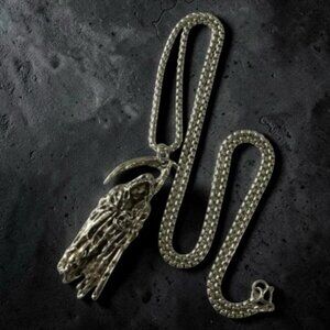 Grim Reaper Holding His Own Skull Pendant Necklace Silver‑Tone Gothic Statement